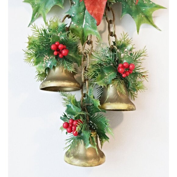 Vintage Christmas Flocked Poinsettia with Bells Wall Hanger Plastic - Picture 7 of 7